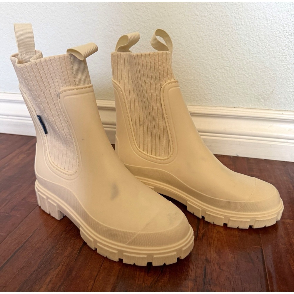 UYIRAIN Women 9 EU40 Men 7.5 Cream Pull On Chelsea Rain Boots Chunky Lug Sole